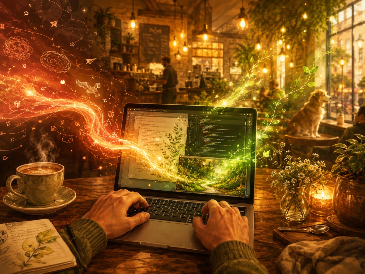 An AI-generated image of a glowing, magical coffee shop with ribbons of light pouring out of a laptop.
