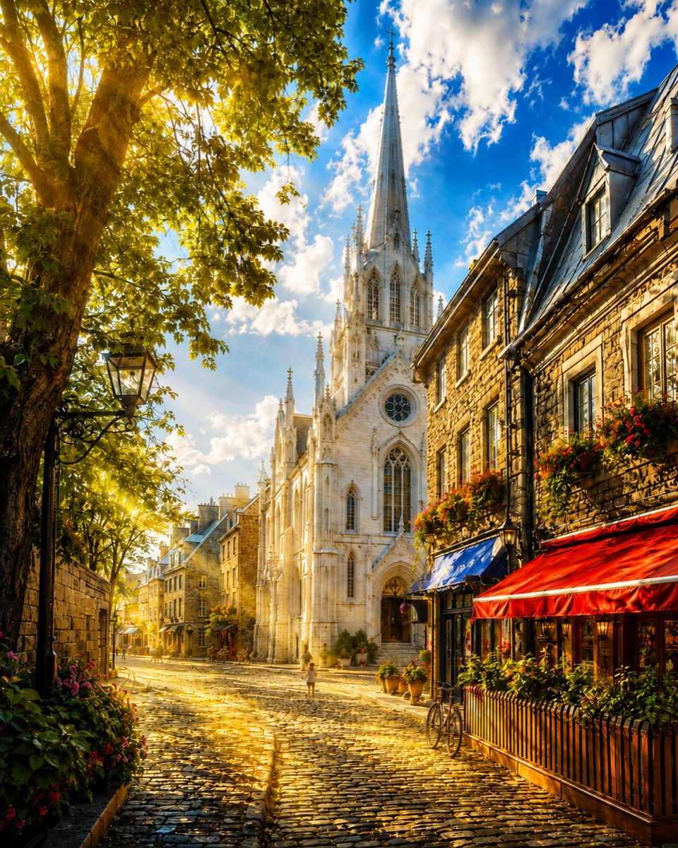 An AI-generated image of a sunlit European cobblestone street with a grand cathedral.